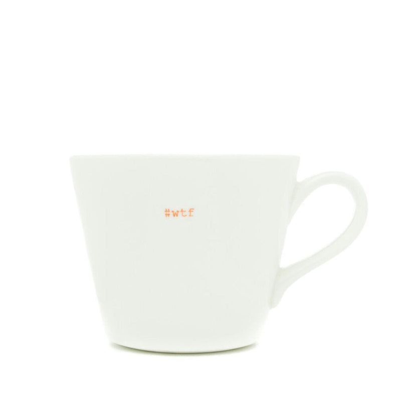 White mug with 'WTF' printed on it against a white background