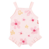 cotton knit romper with floral print design with boucle embroidery, soft pink base and sweet frill trims,