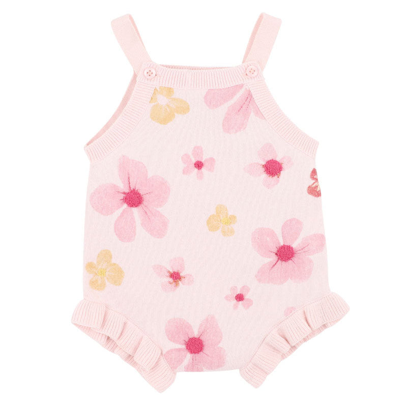 cotton knit romper with floral print design with boucle embroidery, soft pink base and sweet frill trims,
