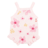 cotton knit romper with floral print design with boucle embroidery, soft pink base and sweet frill trims,
