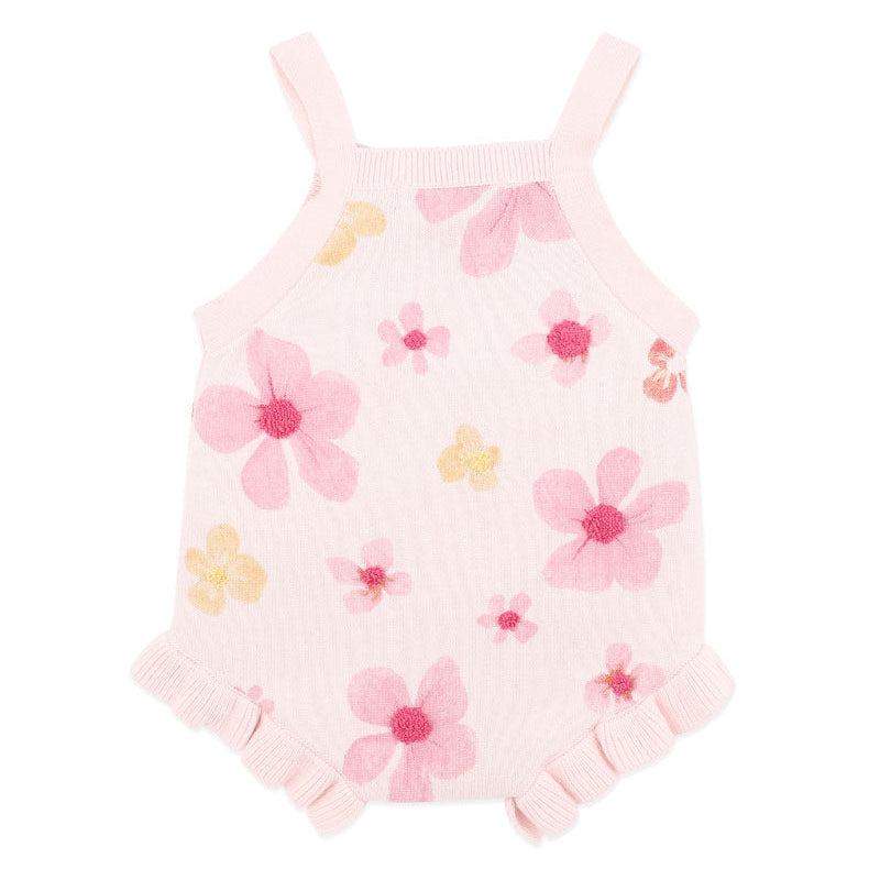 cotton knit romper with floral print design with boucle embroidery, soft pink base and sweet frill trims,
