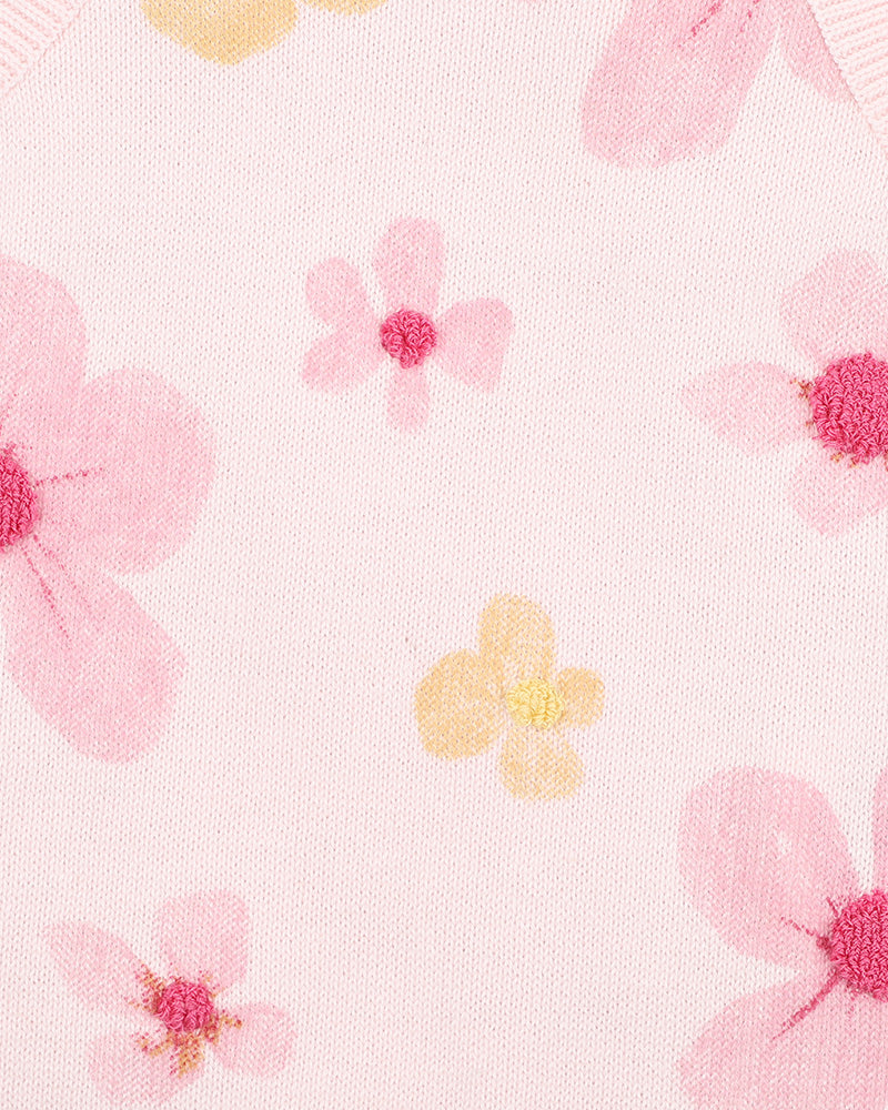 cotton knit romper with floral print design with boucle embroidery, soft pink base and sweet frill trims,