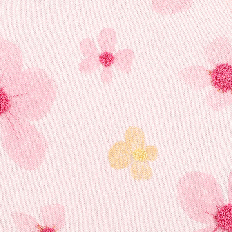 cotton knit romper with floral print design with boucle embroidery, soft pink base and sweet frill trims,