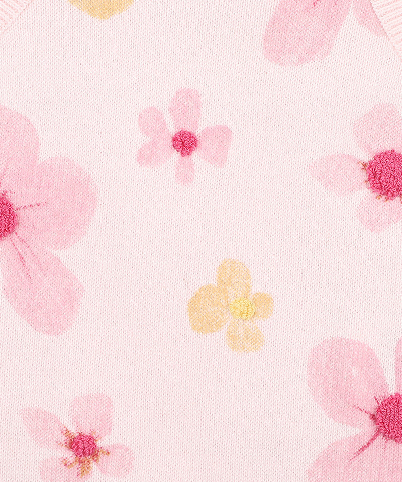 cotton knit romper with floral print design with boucle embroidery, soft pink base and sweet frill trims,