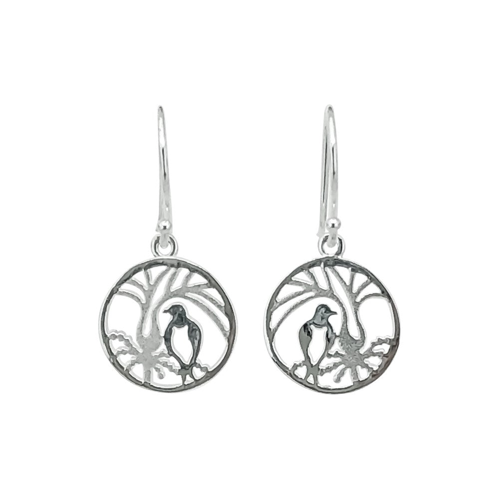 Silver drop circular earrings featuring the NZ native bird the Kereru