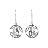 Silver drop circular earrings featuring the NZ native bird the Kereru