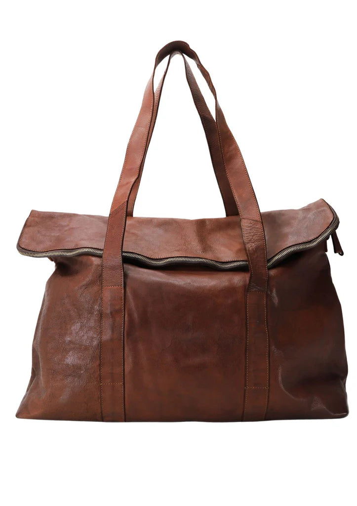 Kerina leather overnight bag with cotton lining in cognac colour