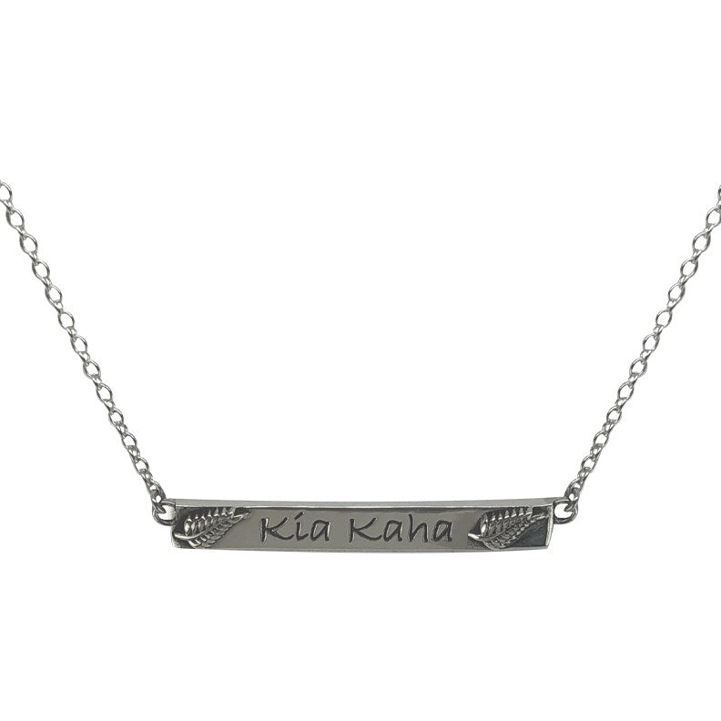 Sterling silver Necklace with the works Kia Kaha encgraved on a plate with a silver fern at each end