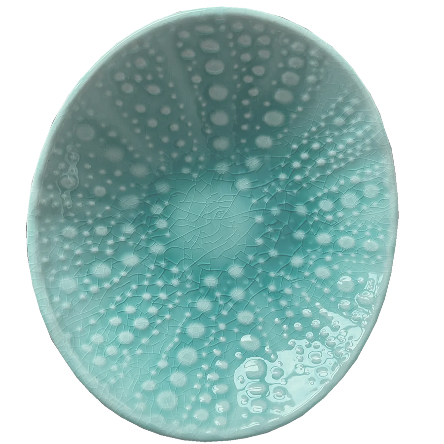 Teal ceramic bowl with white speckled pattern on a white background