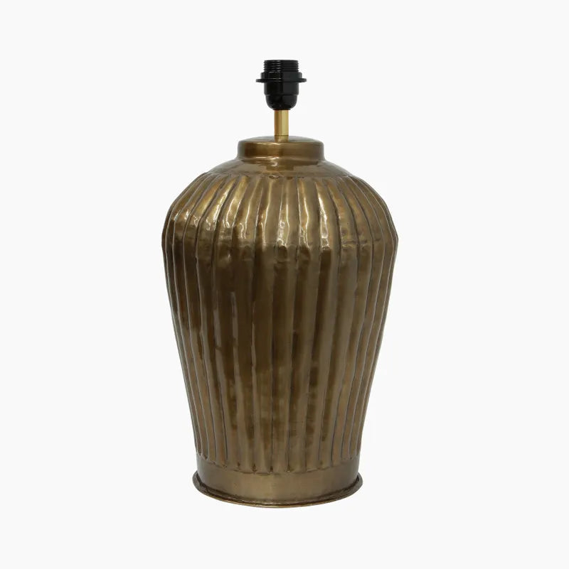 Antique brass coloured ribbed lamp base.  Tall bulb shape