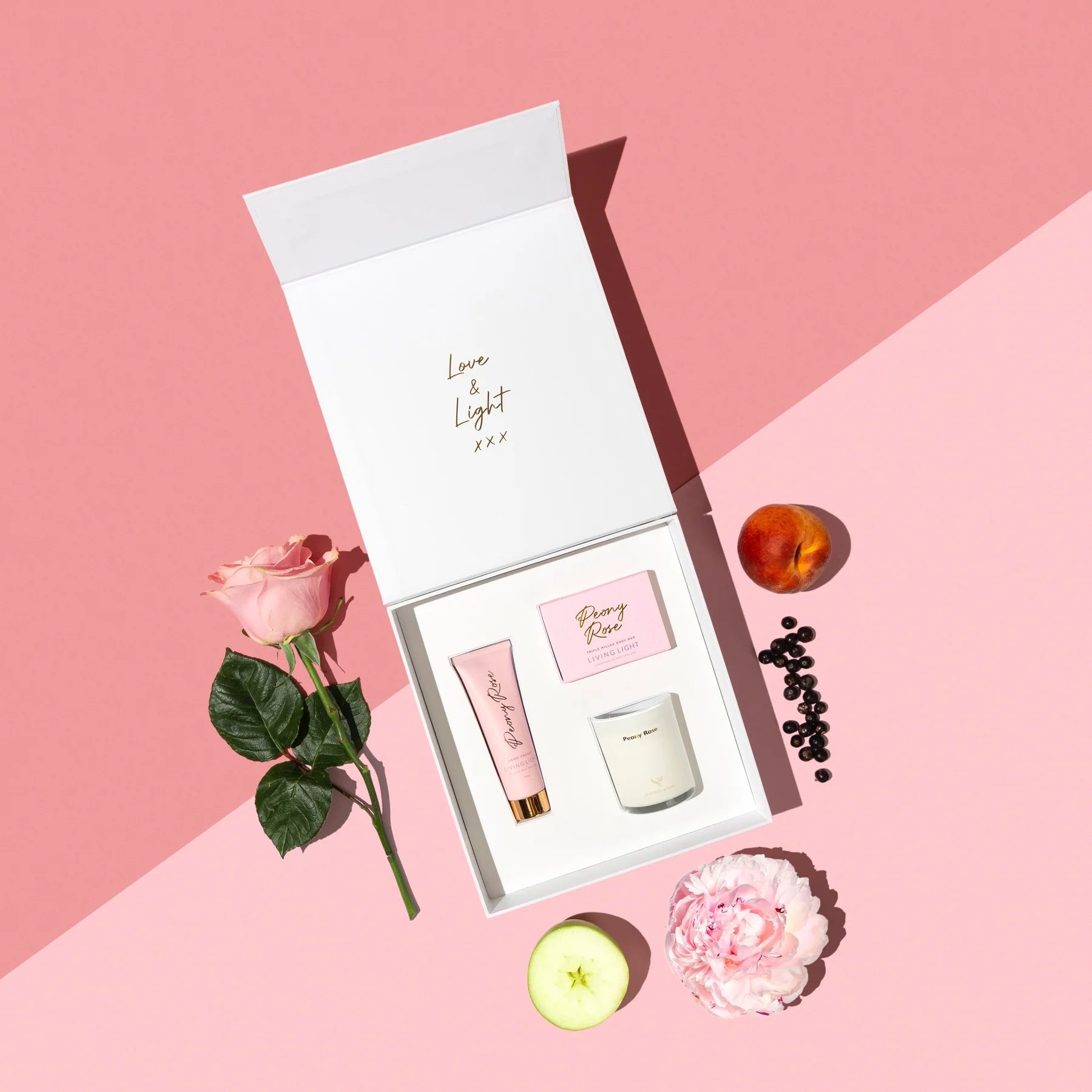 LIving Light Pamper Gift Set in Peony Rose includes Hand cream Body Bar and mini candle, presented in a white gift box