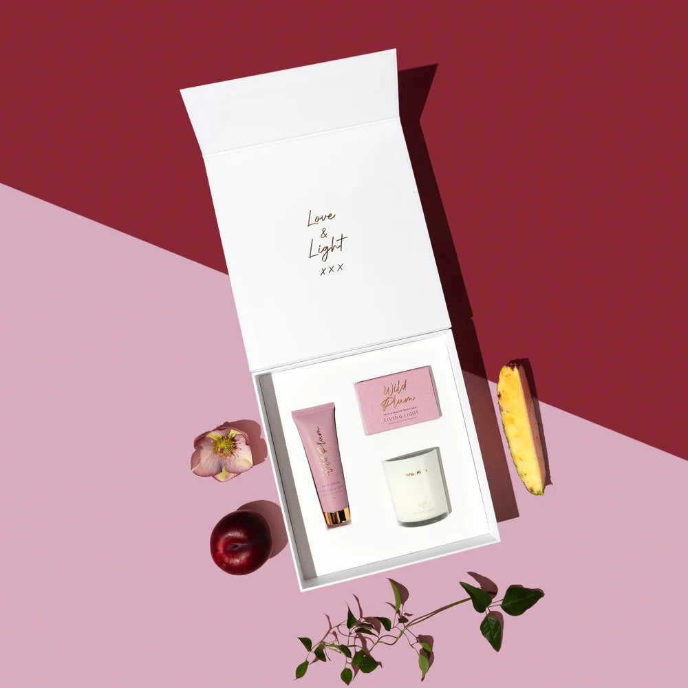 LIving Light Pamper Gift Set in Wild Plum includes Hand cream Body Bar and mini candle, presented in a white gift box