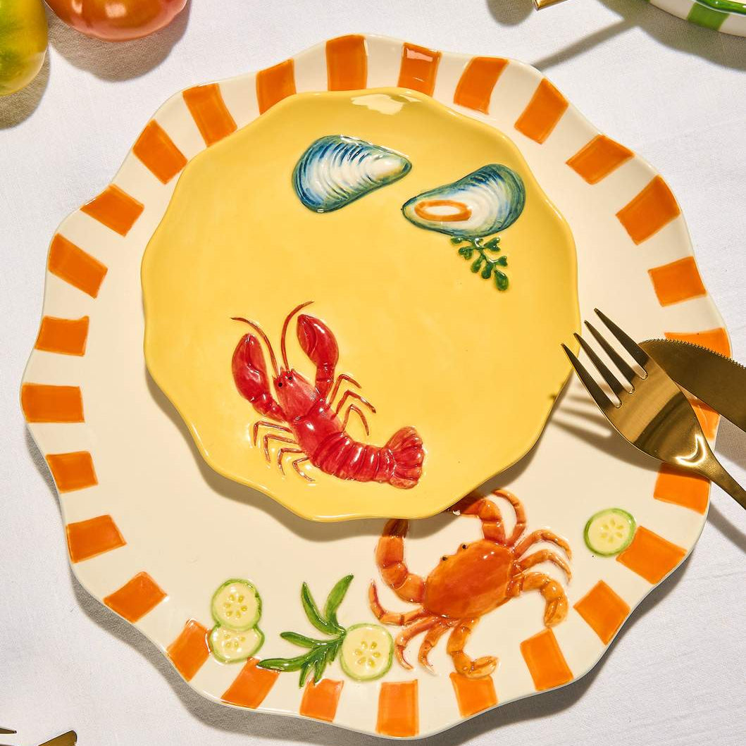 Crab stoneware dinner plate styled for colourful coastal dining and summer entertaining from Cerise