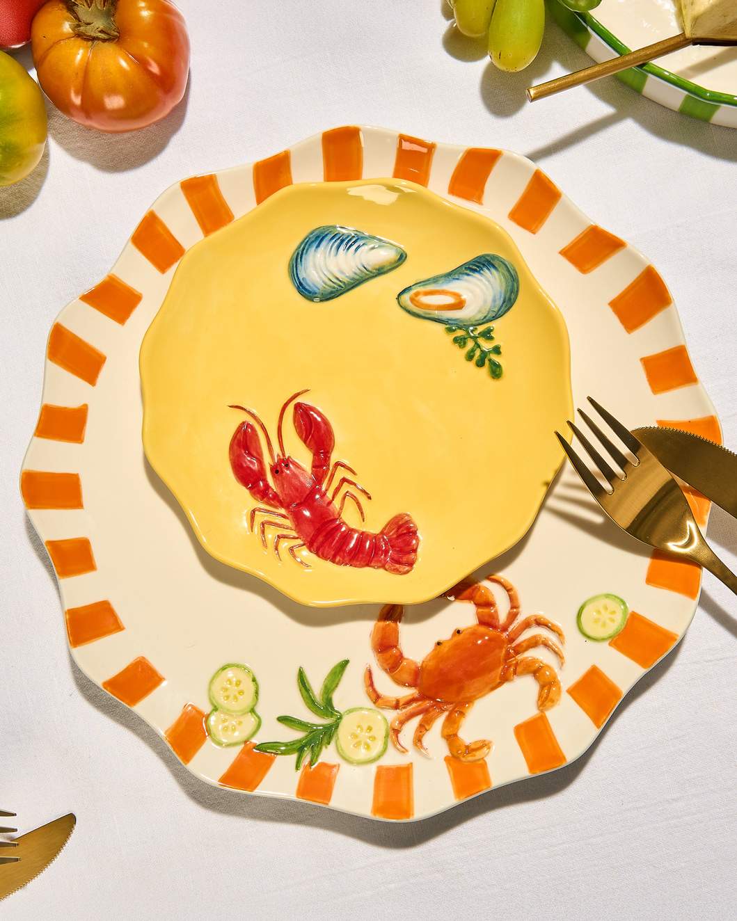 Crab stoneware dinner plate styled for colourful coastal dining and summer entertaining from Cerise