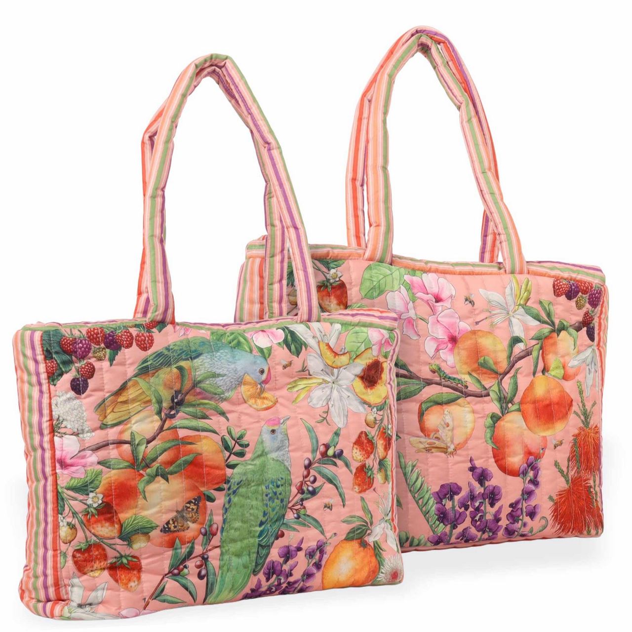 Bountiful Harvest quilted tote bag featuring strawberries, peaches, oranges and flowers at Cerise