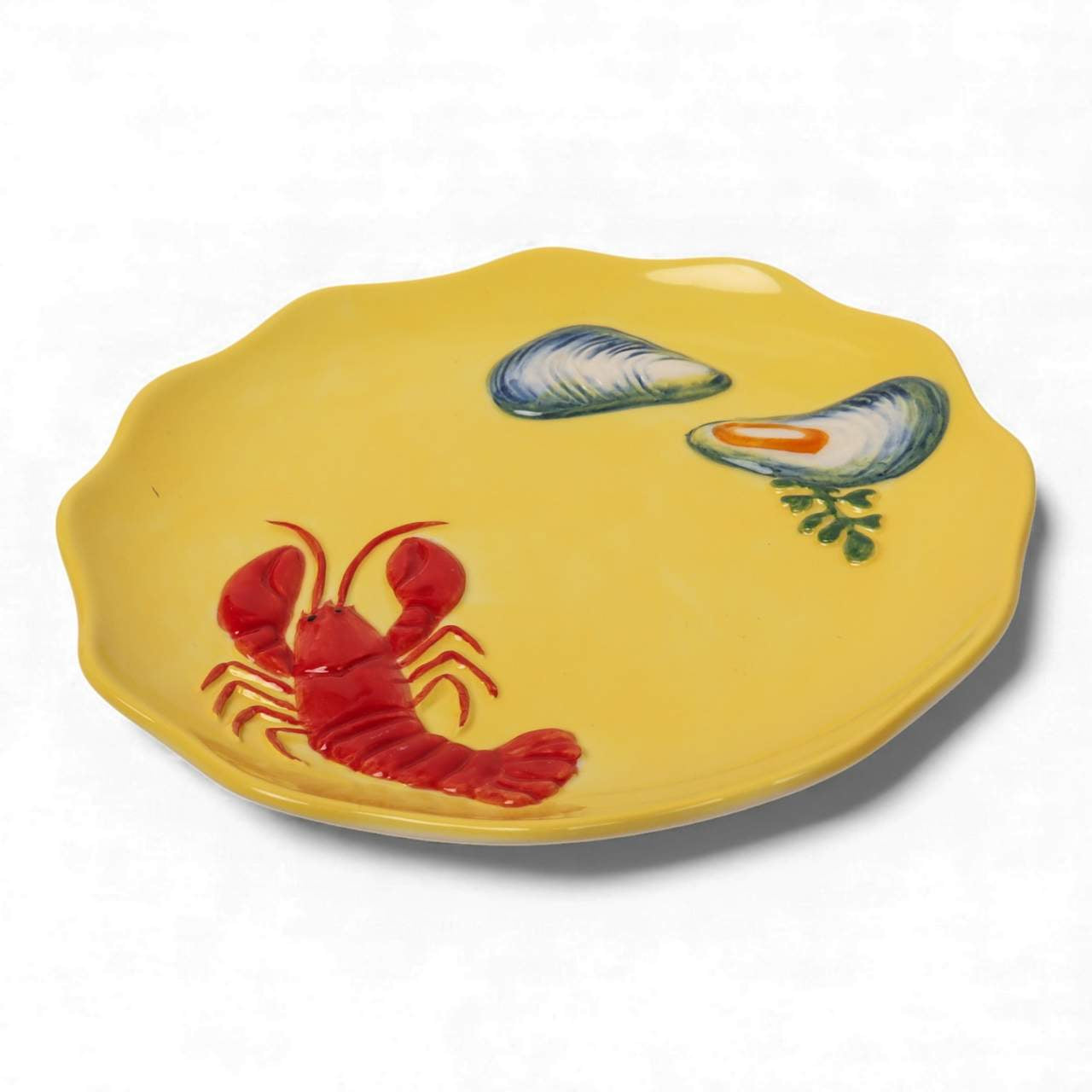 La La Land yellow stoneware lobster plate with raised lobster and shell details
