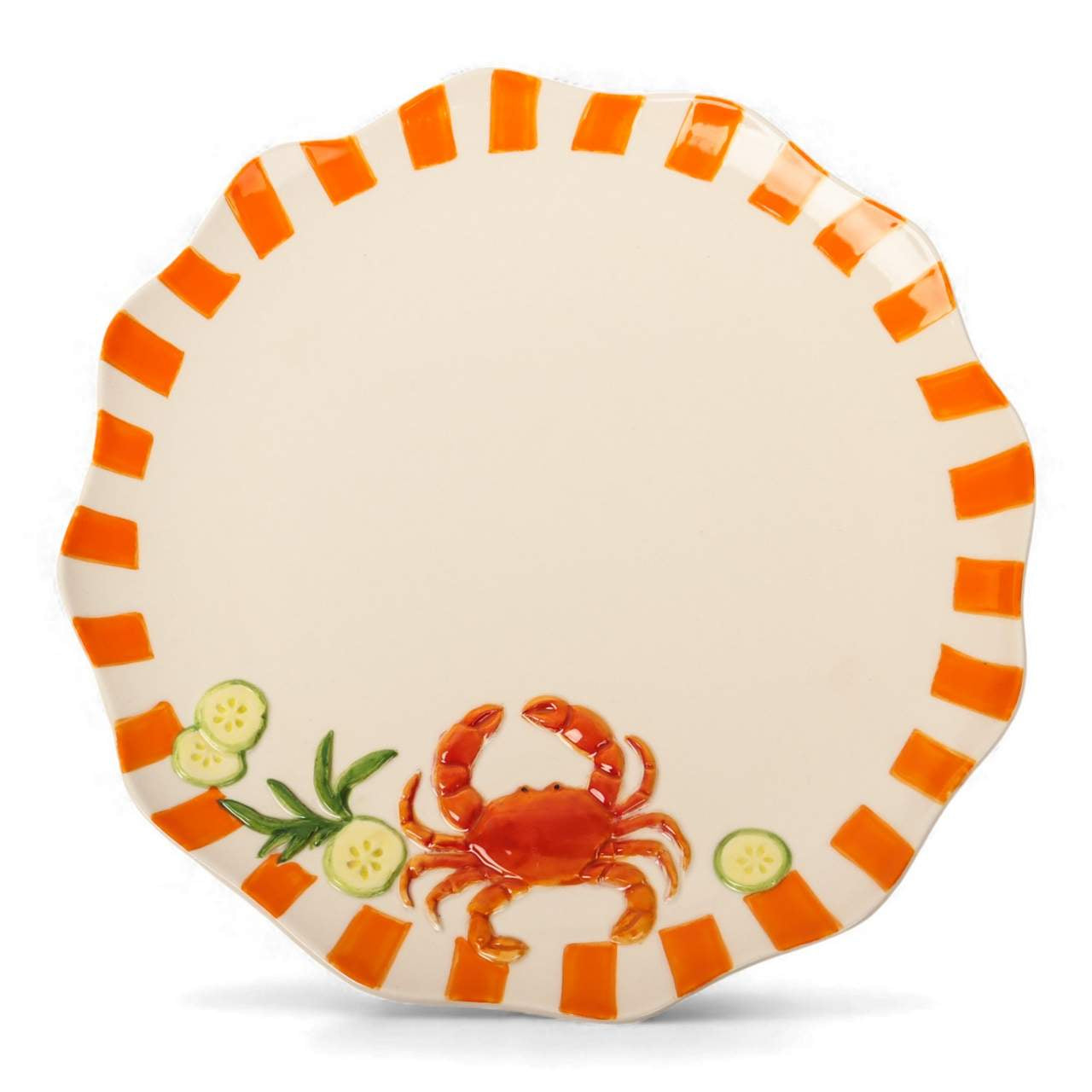 Close-up of playful crab motif and warm colour details on  La La Land stoneware dinner plate at Cerise