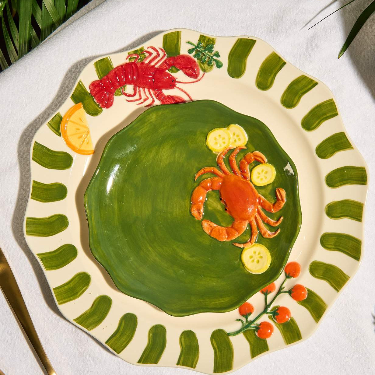 Lobster stoneware dinner plate styled for colourful coastal dining and summer entertaining from Cerise