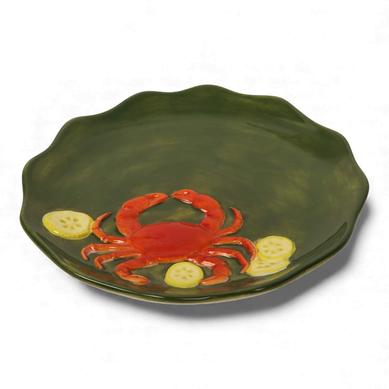 La La Land green stoneware crab plate with raised crab and citrus detail  at Cerise