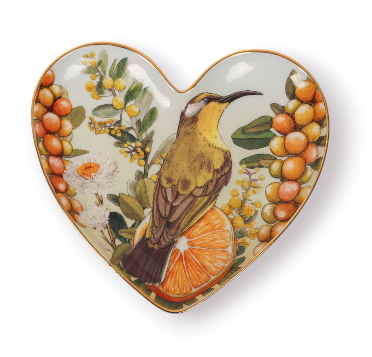 La La Land Golden Hour Heart Shaped Trinket Tray with gold rim detail and bird design in golden tones.