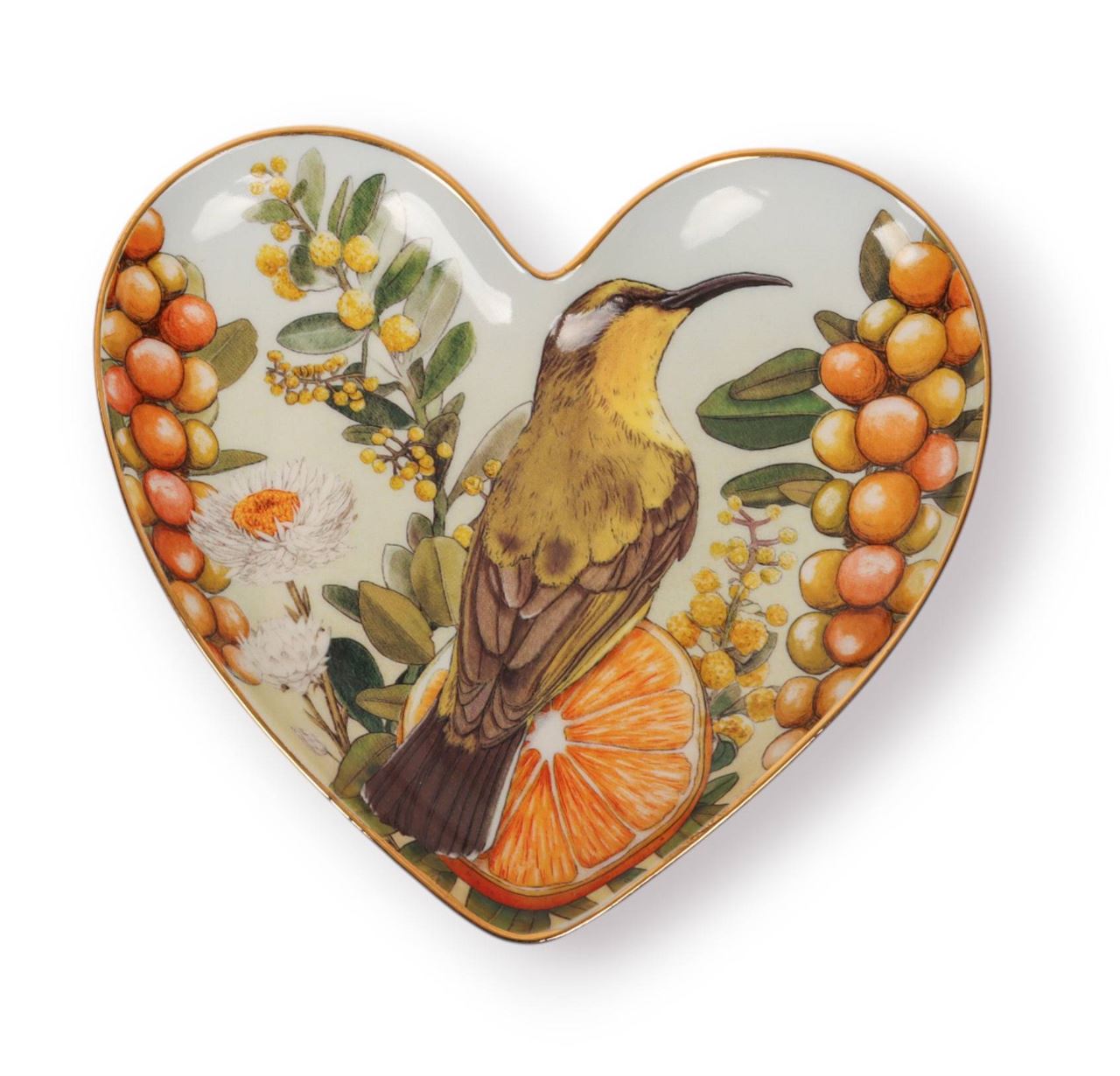 La La Land Golden Hour Heart Shaped Trinket Tray with gold rim detail and bird design in golden tones.