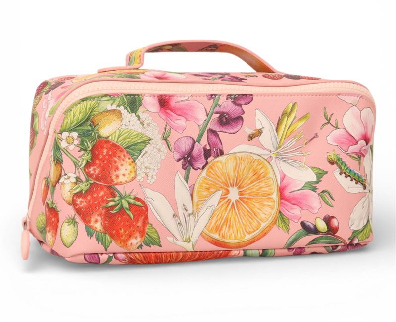 La La Land Bountiful Harvest cosmetic bag featuring fully illustrated exterior design and sturdy zip closure at Cerise