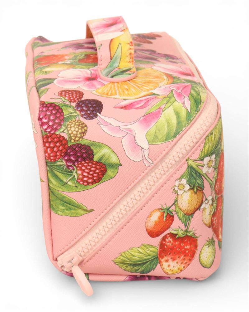 La La Land Bountiful Harvest illustrated vegan leather cosmetic bag with structured shape at Cerise