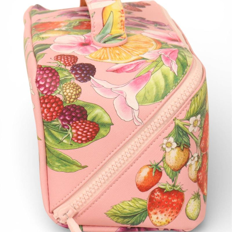 La La Land Bountiful Harvest illustrated vegan leather cosmetic bag with structured shape at Cerise