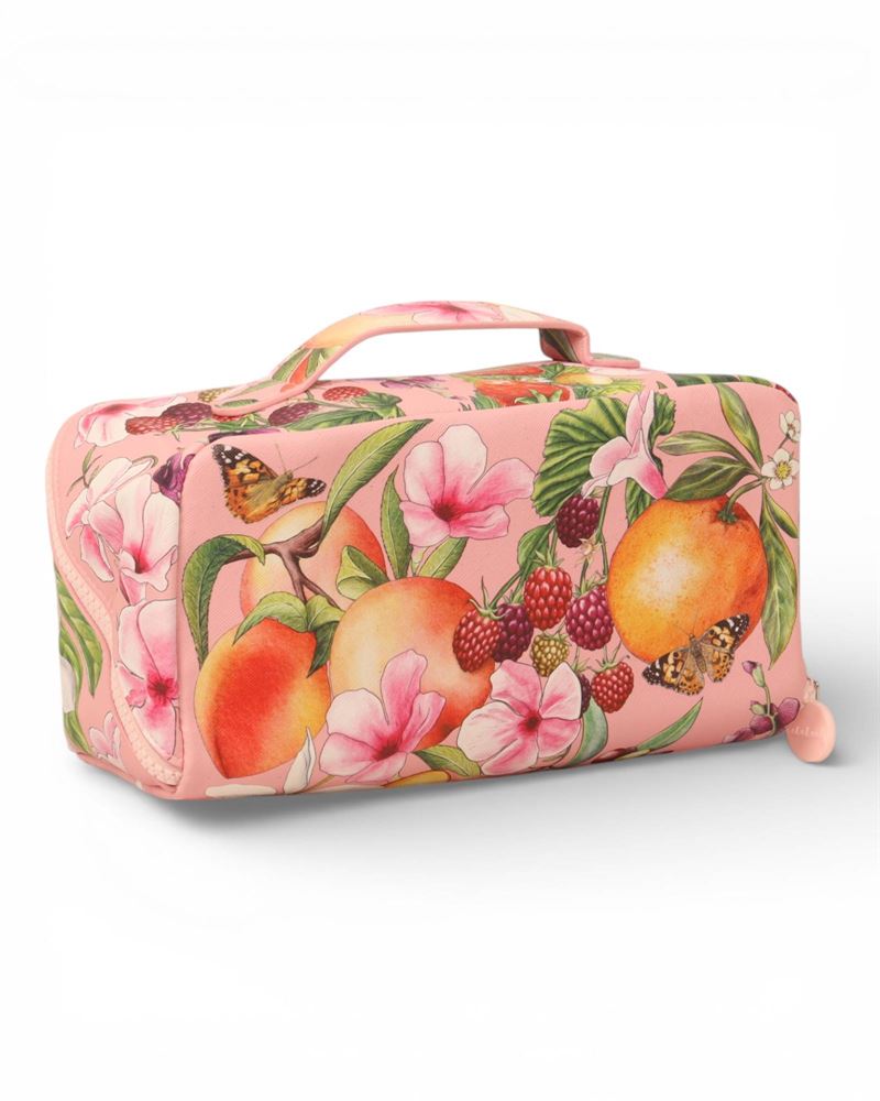 La La Land Bountiful Harvest water-resistant vegan leather travel makeup bag with top handle at Cerise