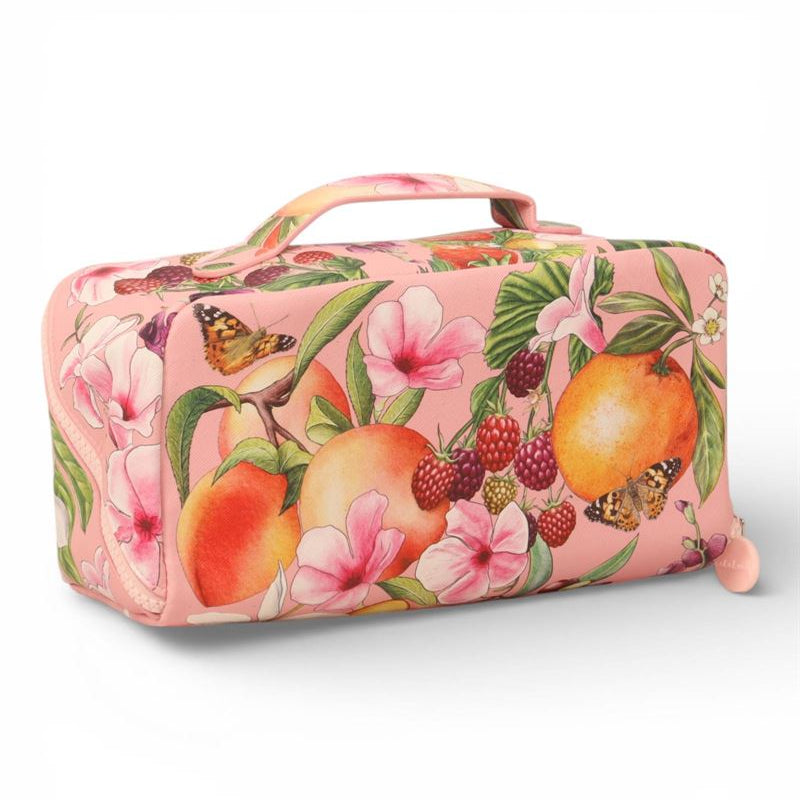 La La Land Bountiful Harvest water-resistant vegan leather travel makeup bag with top handle at Cerise