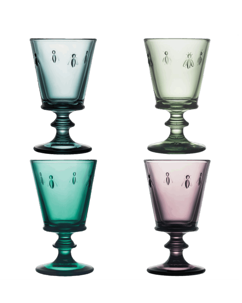 Set of four La Rochere Abielle Coloured Wine Glasses with Stem.  Each glass featured the iconic rench bee design and is a different colour of green, light green, pink and blue at Cerise NZ