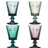 Set of four La Rochere Abielle Coloured Wine Glasses with Stem.  Each glass featured the iconic rench bee design and is a different colour of green, light green, pink and blue at Cerise NZ