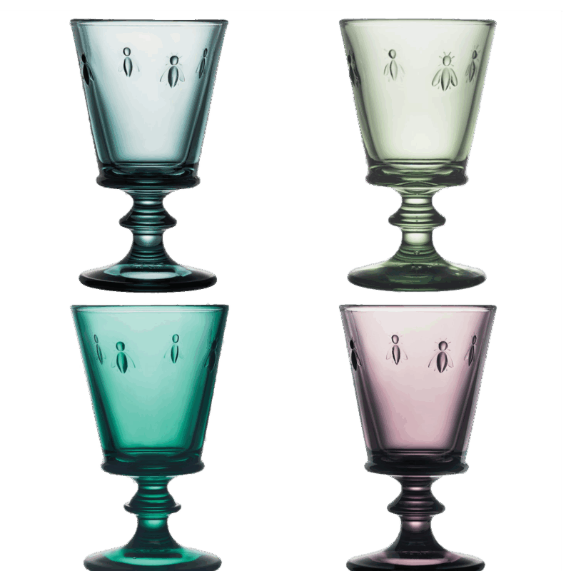 Set of four La Rochere Abielle Coloured Wine Glasses with Stem.  Each glass featured the iconic rench bee design and is a different colour of green, light green, pink and blue at Cerise NZ