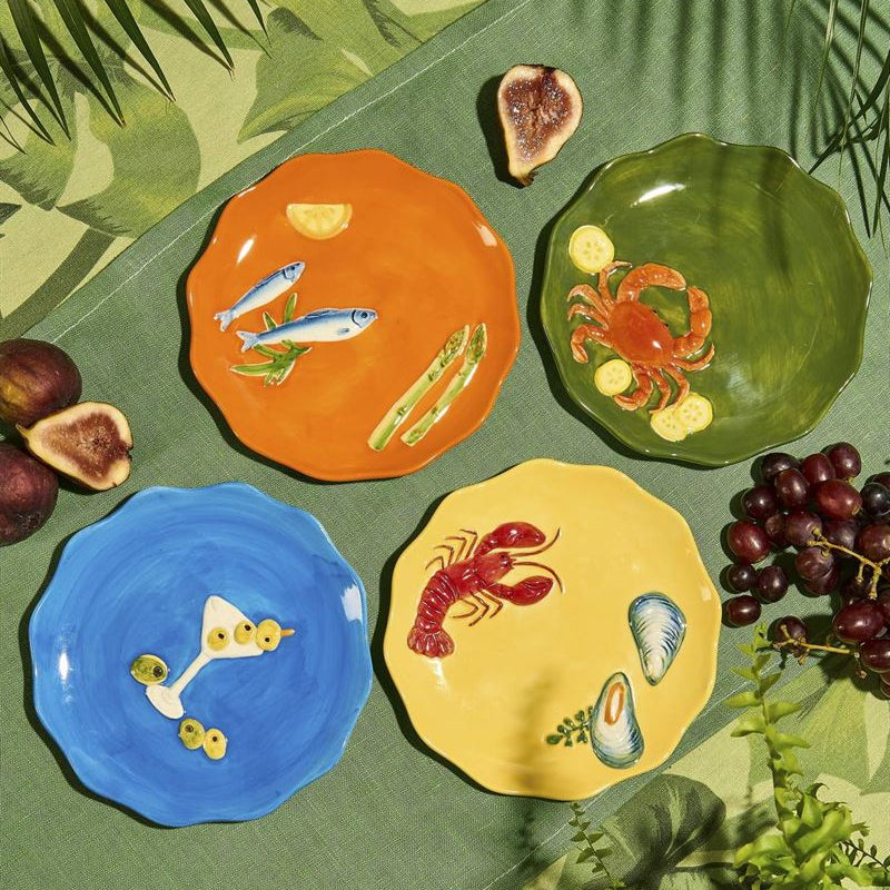 Collection of La La Land seaview stoneware plates n bright colours with embossed sealife designs at Cerise
