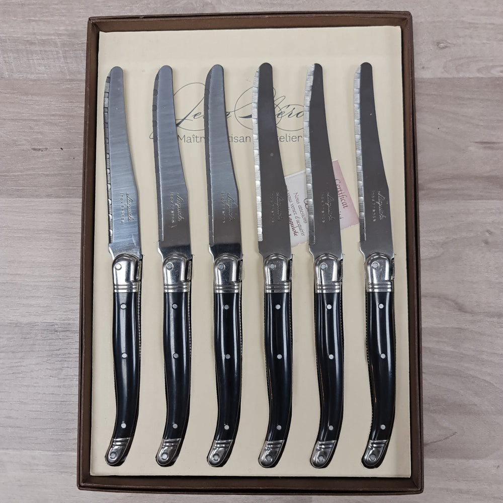 Set of 6 Laguiole by Jean Neron table knives with black handles and the iconic bee motif at Cerise NZ