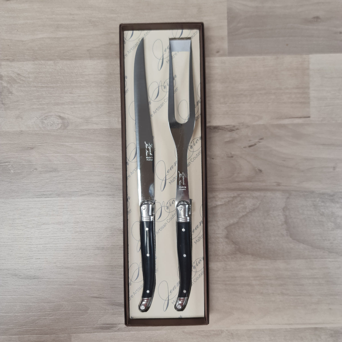 Laguiole Carving set with black handles in gift box. Set includes carving knife and fork at Cerise NZ