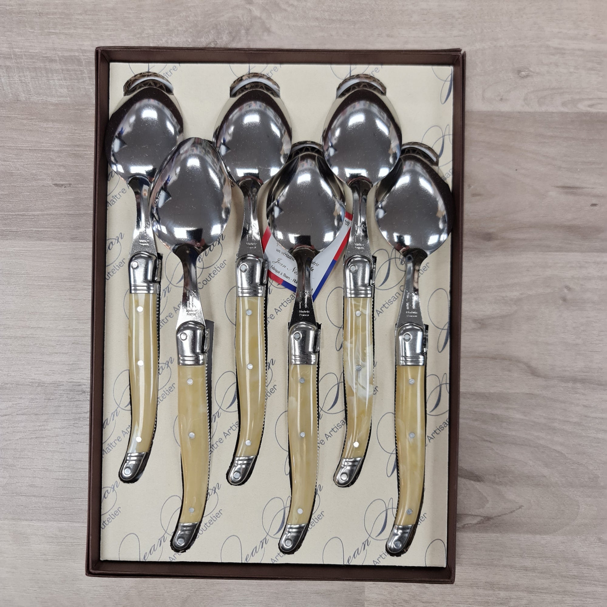 Set of 6 Laguiole by Jean Neron Horn desert spoons with bee icon at Cerise NZ