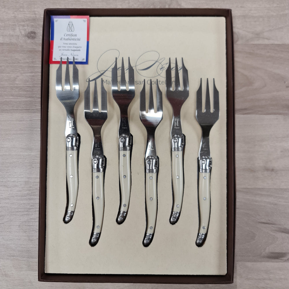 Set of 6 Laguiole by Jean Neron Ivory Desert forks with bee icon.  Presented in a gift box at Cerise NZ