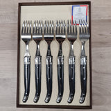 Set of 6 Laguiole by Jean Neron Black Handles table forks with bee icon.  Prresented in a gift box at Cerise NZ