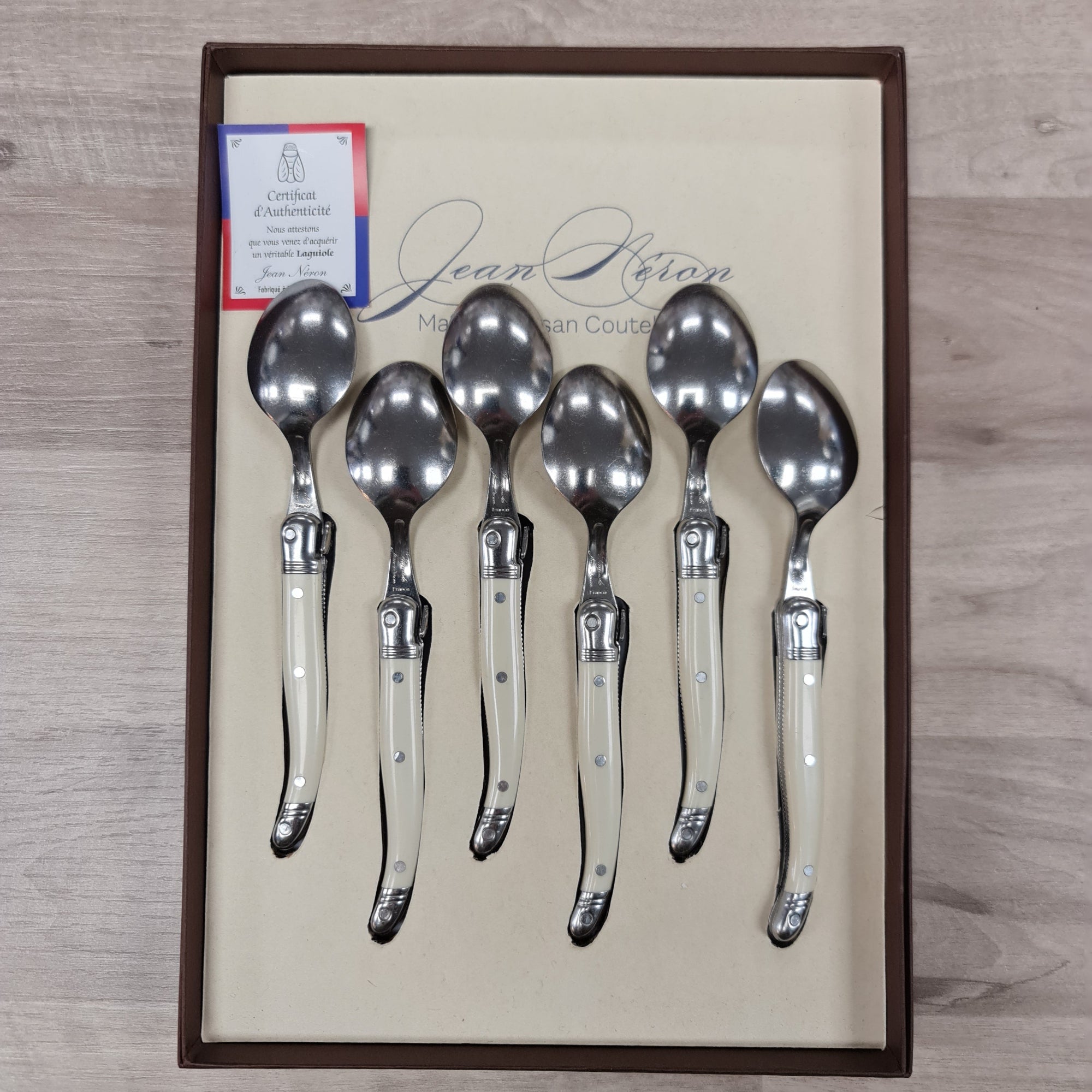 Laguiole set 6 Ivory handled coffee spoons with bee icon at Cerise NZ