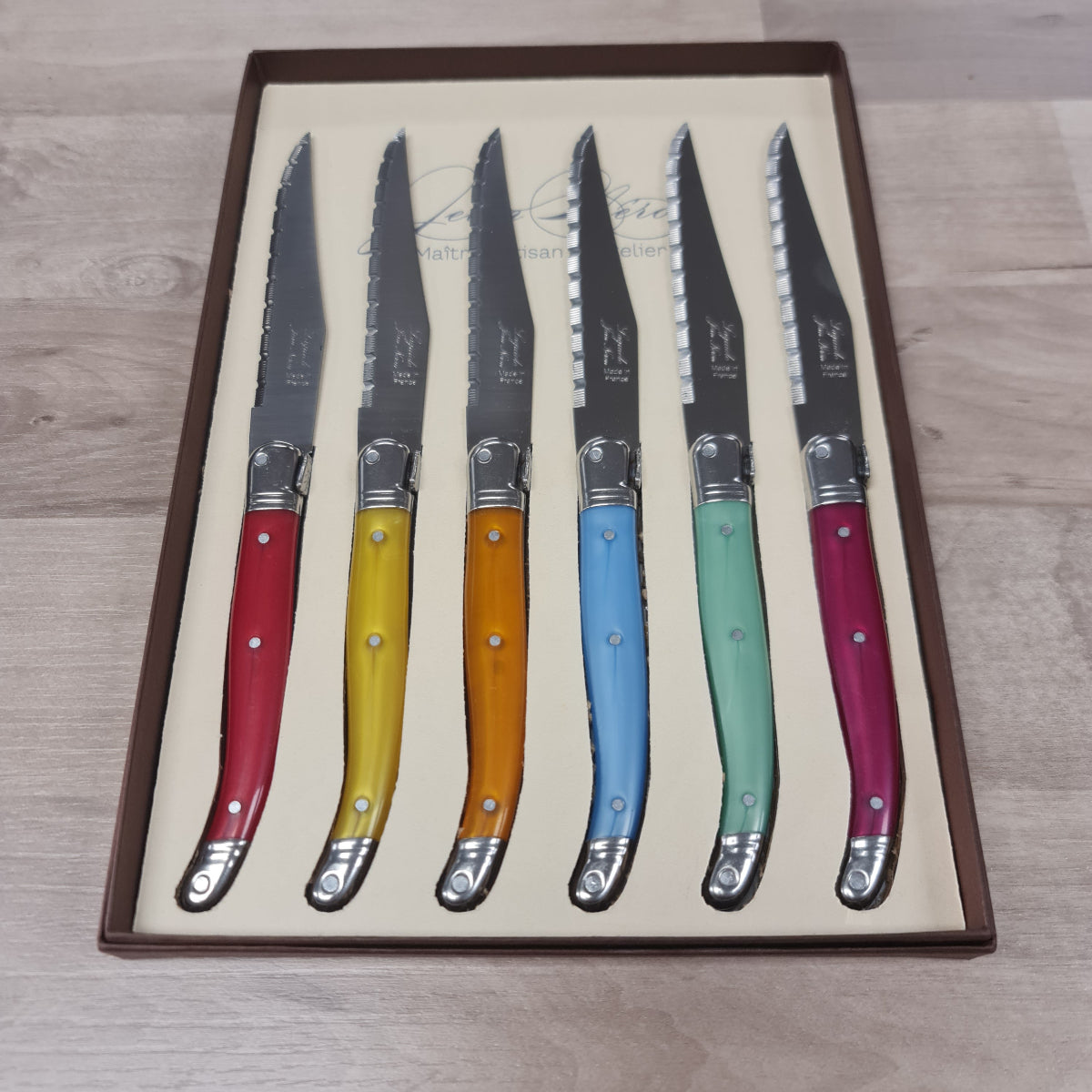 Set of 6 Laguiole Steak KNives with coloured Handles . Gift boxed at Cerise NZ.