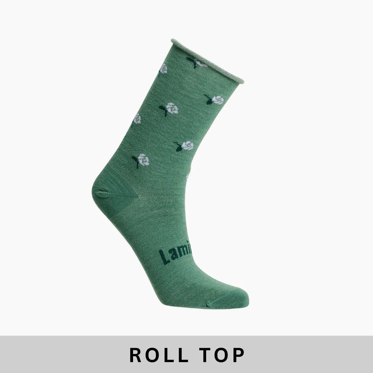 Lamington MerinorComfort Roll top socks at Cerise.   Heather design in a green base colour with floral pattern.