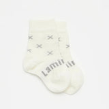 Lamington Newborn naturals merino socks in  Fox design at Cerise. Feature grey crosses on a white backround
