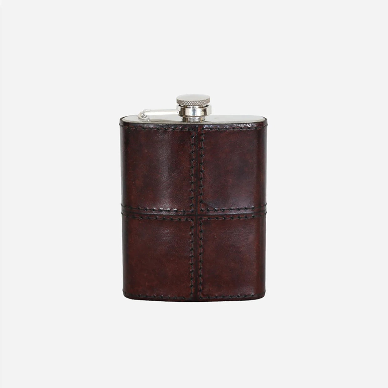 Stainless Steel Hip Flask wrapped in a dark brown leather cover with beautiful topstitching. Great Gift idea  for a man for 21st Birthday, graduation, retirement or any milestone celebration at Cerise
