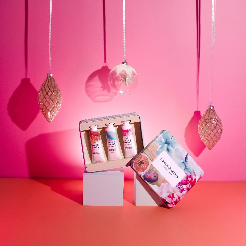 Linden Leaves Handcream Selection in a gift in at Cerise.  Set inludes 3 x 25ml tubes with In Bloom fragrances Pink Petal, Aqua Lily and Amber Fig.  Made in NZ and comes in a re-usable gift tin. 