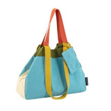 Blue, green and cream canvas bag with orange and mustard handles