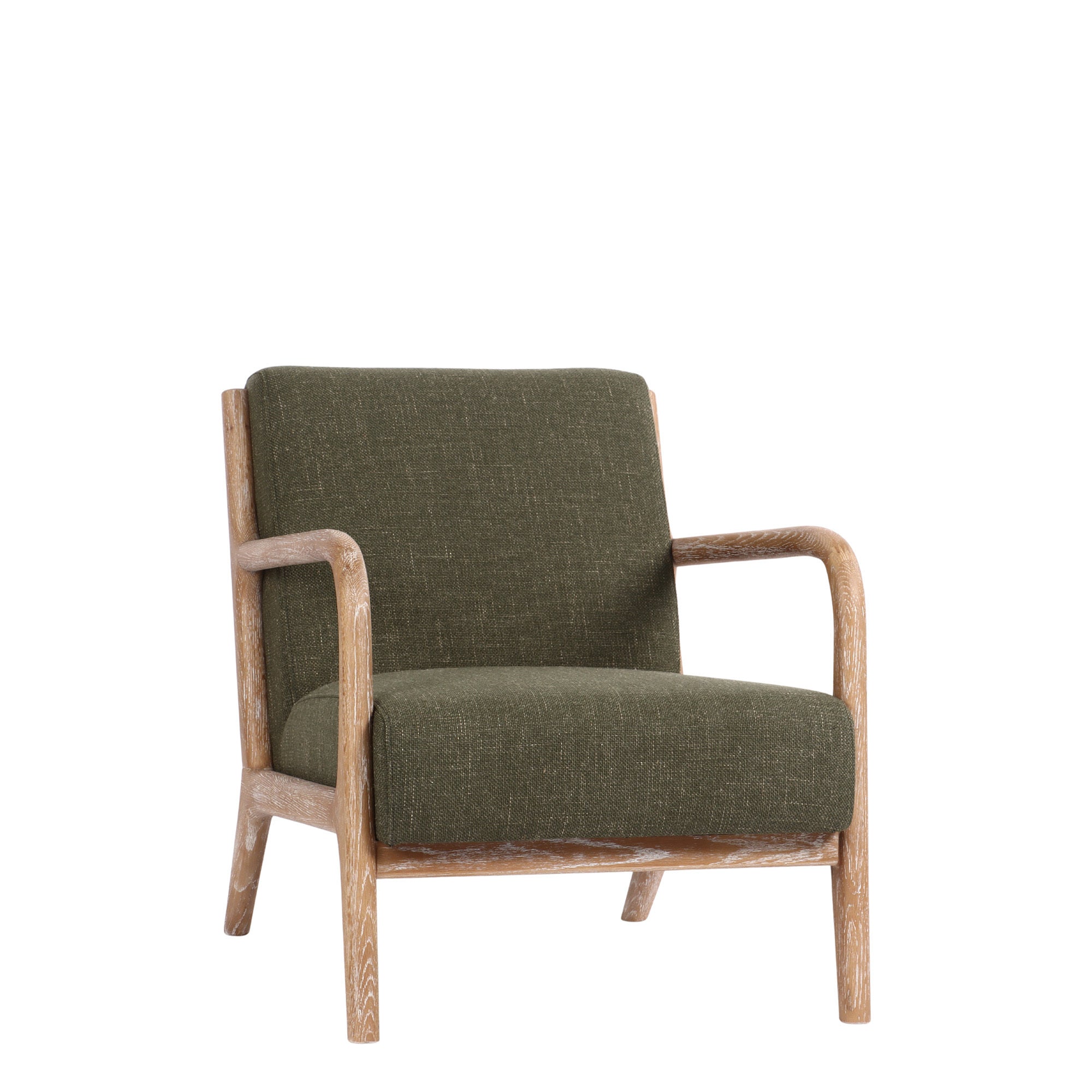 Luca occasional chair upholstered in Dark Green Polyester Fabric with white washed arms and legs