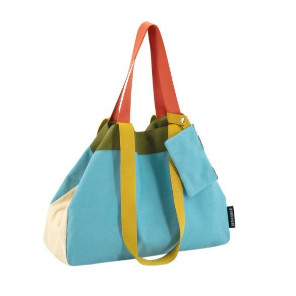 Blue, green and cream canvas bag with orange and mustard handles