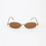 Transparent light grey oval lens shaped sunglasses