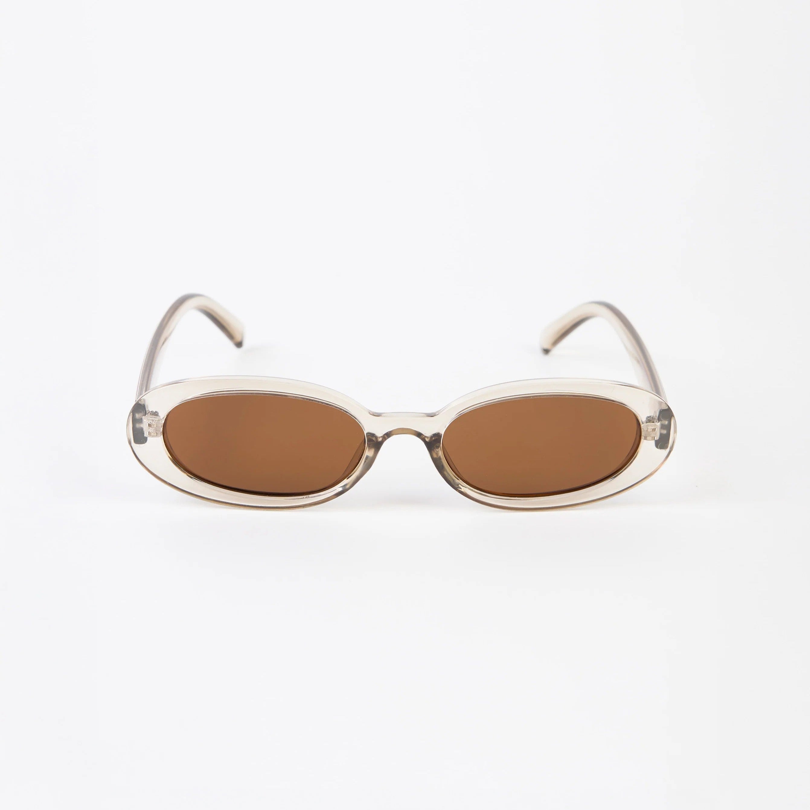 Transparent light grey oval lens shaped sunglasses